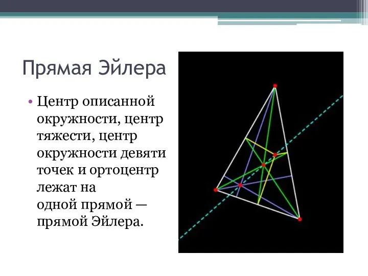 Прямая Эйлера Центр описанной окружности, центр тяжести, центр окружности девяти точек