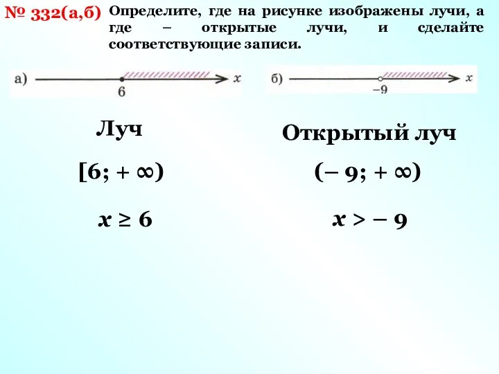 № 332(а,б) Луч [6; + ∞) x ≥ 6 Определите, где