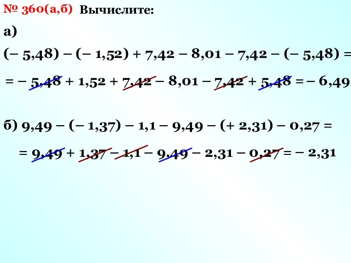 № 360(а,б) Вычислите: (– 5,48) – (– 1,52) + 7,42 –