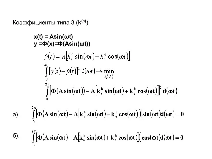 Коэффициенты типа 3 (k(h)) x(t) = Asin(ωt) y =Ф(x)=Ф(Asin(ωt)) a). б).