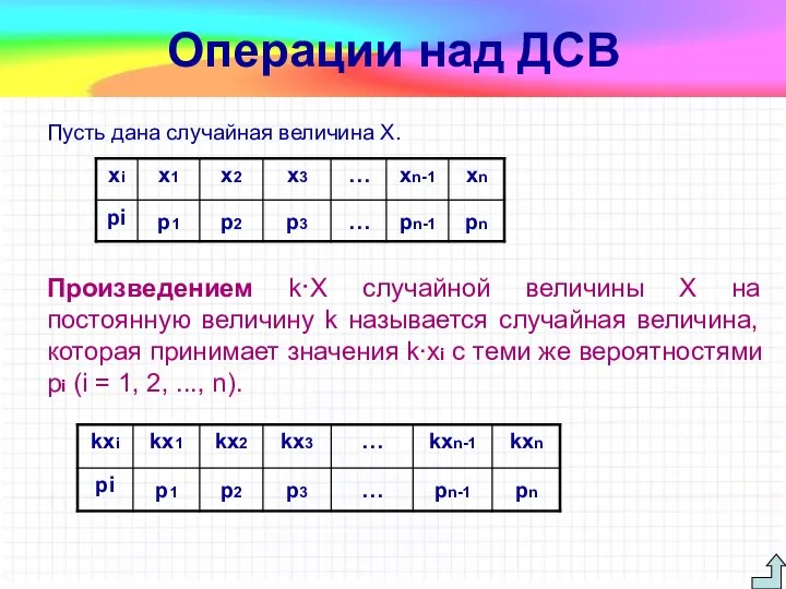 Пусть дана случайная величина Х. Произведением k∙Х случайной величины X на