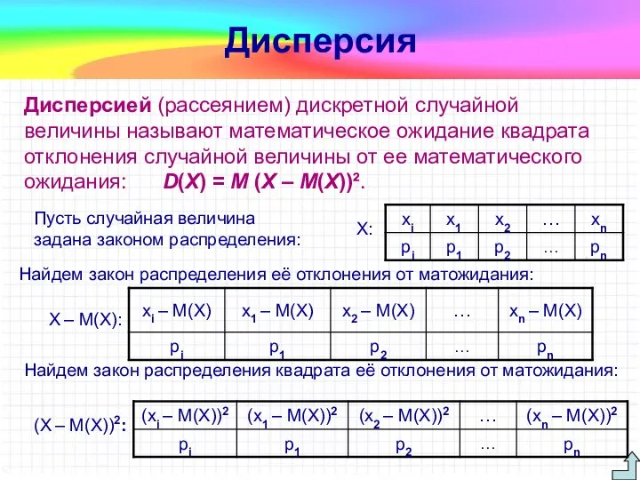 Дисперсией (рассеянием) дискретной случайной величины называют математическое ожидание квадрата отклонения случайной