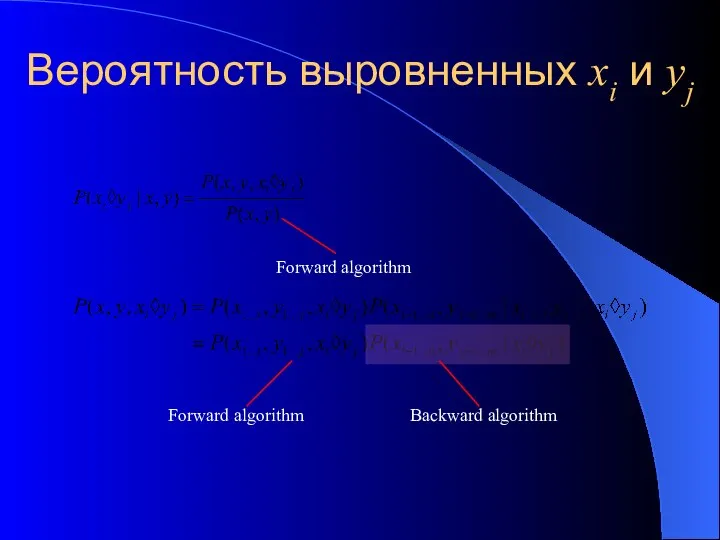 Вероятность выровненных xi и yj Forward algorithm Backward algorithm Forward algorithm