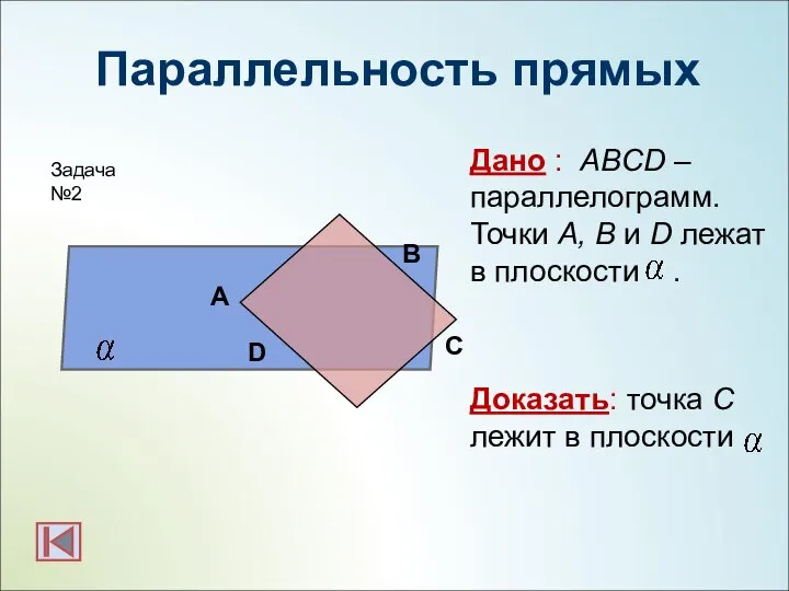 Параллельность прямых Дано : ABCD –параллелограмм. Точки A, B и D