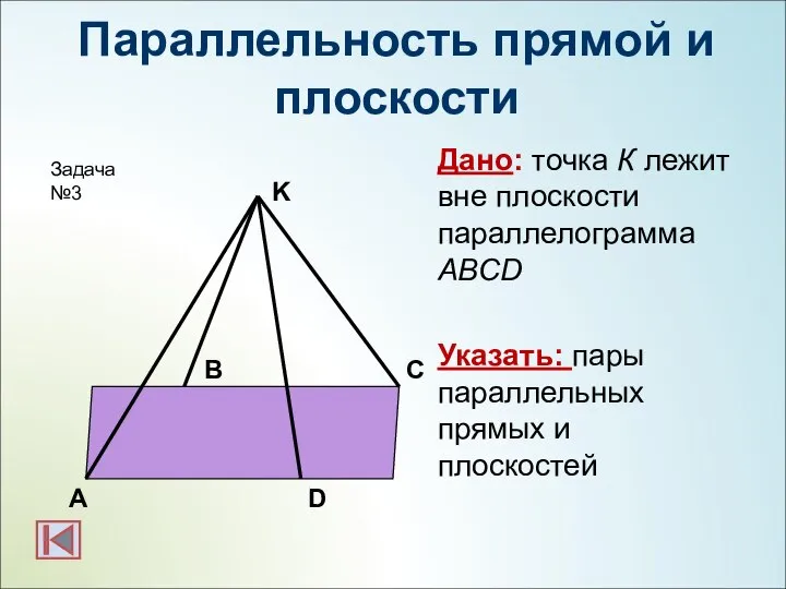 Параллельность прямой и плоскости Дано: точка К лежит вне плоскости параллелограмма