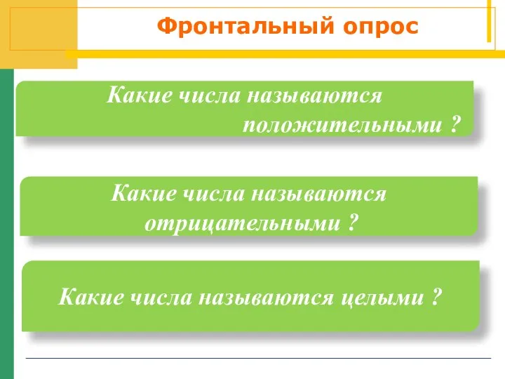 Фронтальный опрос Какие числа называются целыми ? Какие числа называются положительными