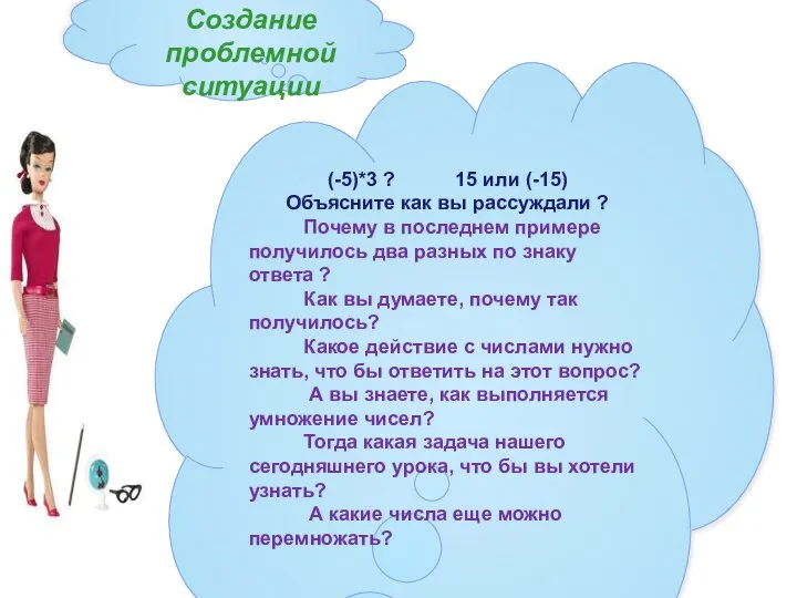 Создание проблемной ситуации (-5)*3 ? 15 или (-15) Объясните как вы