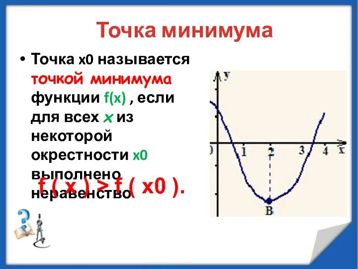 Точка минимума Точка x0 называется точкой минимума функции f(x) , если