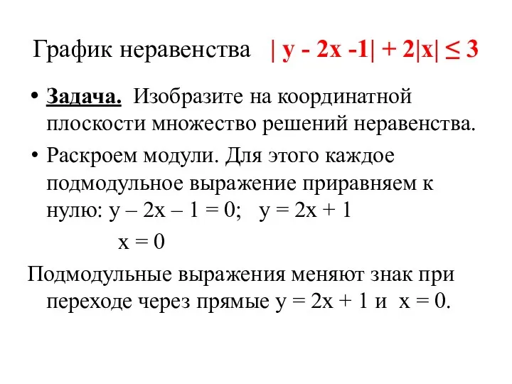 График неравенства | у - 2х -1| + 2|х| ≤ 3