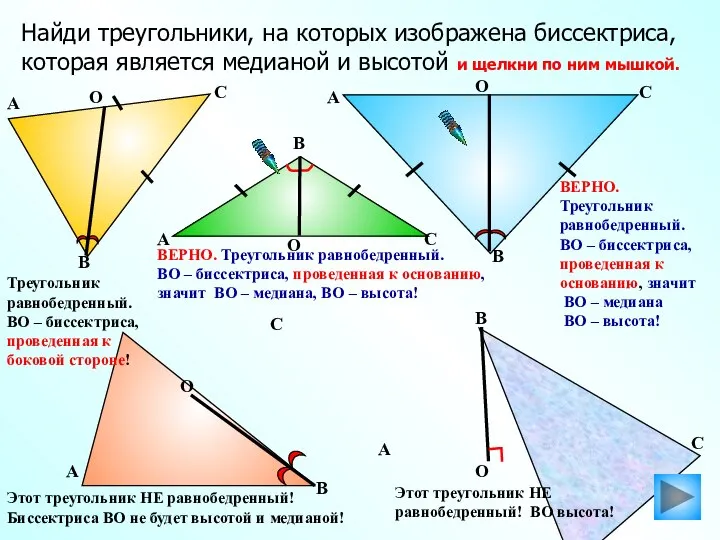 ВЕРНО. Треугольник равнобедренный. ВО – биссектриса, проведенная к основанию, значит ВО