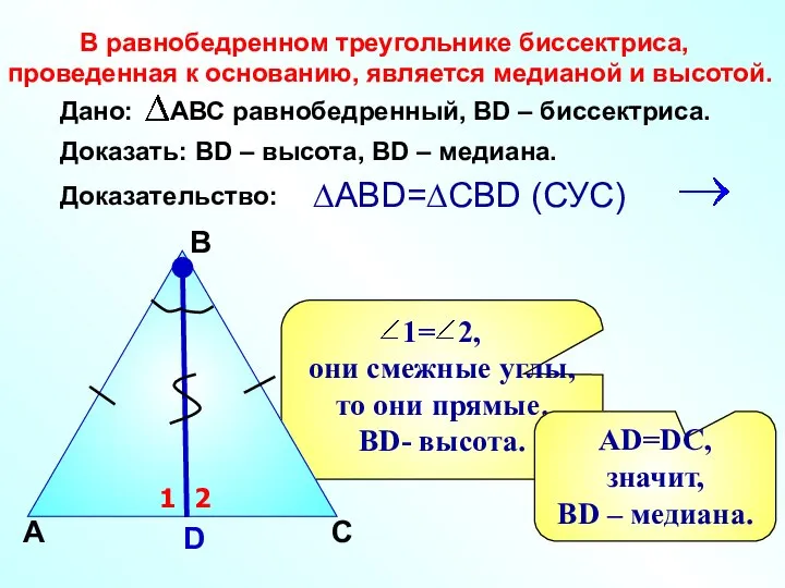 1= 2, они смежные углы, то они прямые. ВD- высота. А