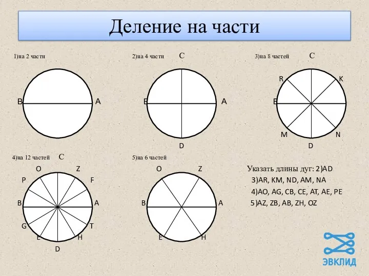 Деление на части 1)на 2 части 2)на 4 части С 3)на