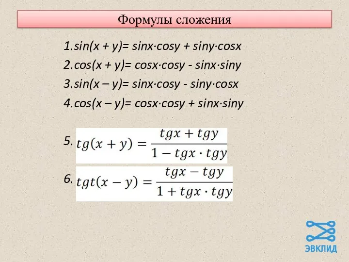 Формулы сложения 1.sin(x + y)= sinx·cosy + siny·cosx 2.cos(x + y)=