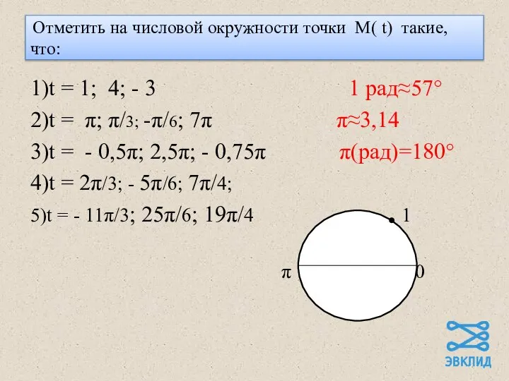 Отметить на числовой окружности точки М( t) такие, что: 1)t =