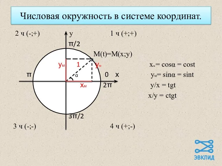 Числовая окружность в системе координат. 2 ч (-;+) у 1 ч