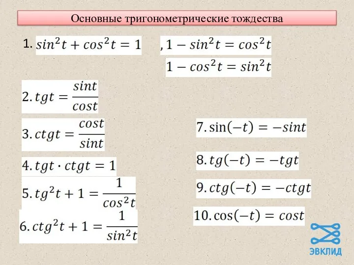 Основные тригонометрические тождества 1.