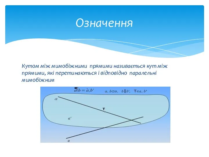 Кутом між мимобіжними прямими називається кут між прямими, які перетинаються і відповідно паралельні мимобіжним Означення