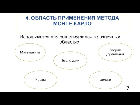 4. ОБЛАСТЬ ПРИМЕНЕНИЯ МЕТОДА МОНТЕ-КАРЛО Используется для решения задач в различных