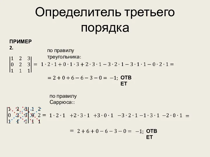 Определитель третьего порядка ПРИМЕР 2. ОТВЕТ ОТВЕТ по правилу треугольника: по правилу Саррюса::