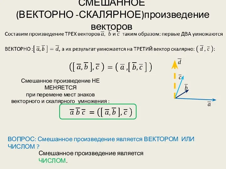 СМЕШАННОЕ (ВЕКТОРНО -СКАЛЯРНОЕ)произведение векторов Смешанное произведение НЕ МЕНЯЕТСЯ при перемене мест