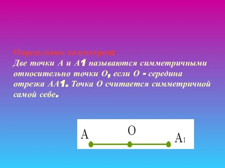 Определение симметрии: Две точки А и А1 называются симметричными относительно точки