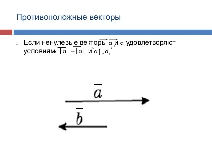 Противоположные векторы Если ненулевые векторы a и a удовлетворяют условиям: |a|=|a| и a↑↓a 1 1 1