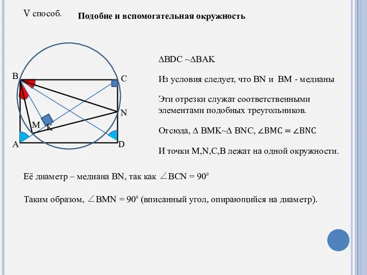 V способ. Подобие и вспомогательная окружность A B C M N