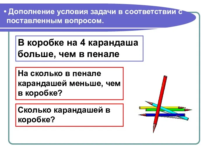 Дополнение условия задачи в соответствии с поставленным вопросом. В коробке на