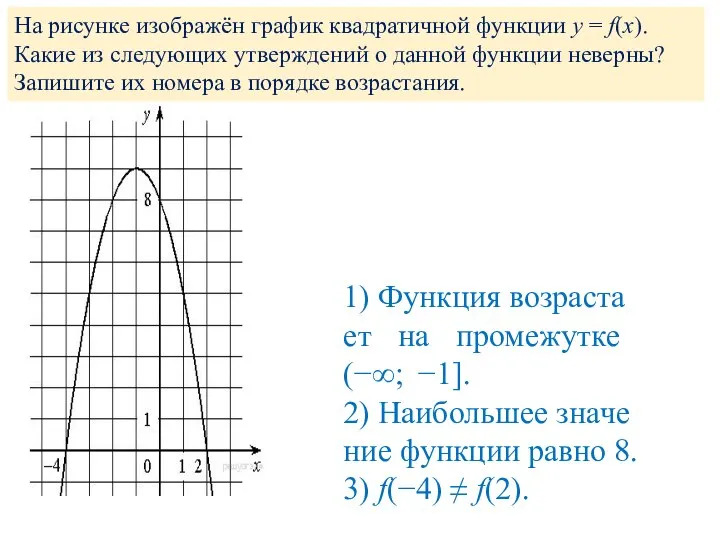 На ри­сун­ке изоб­ражён гра­фик квад­ра­тич­ной функ­ции y = f(x). Какие из