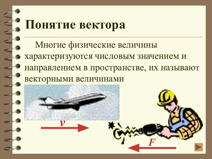 Понятие вектора Многие физические величины характеризуются числовым значением и направлением в пространстве, их называют векторными величинами