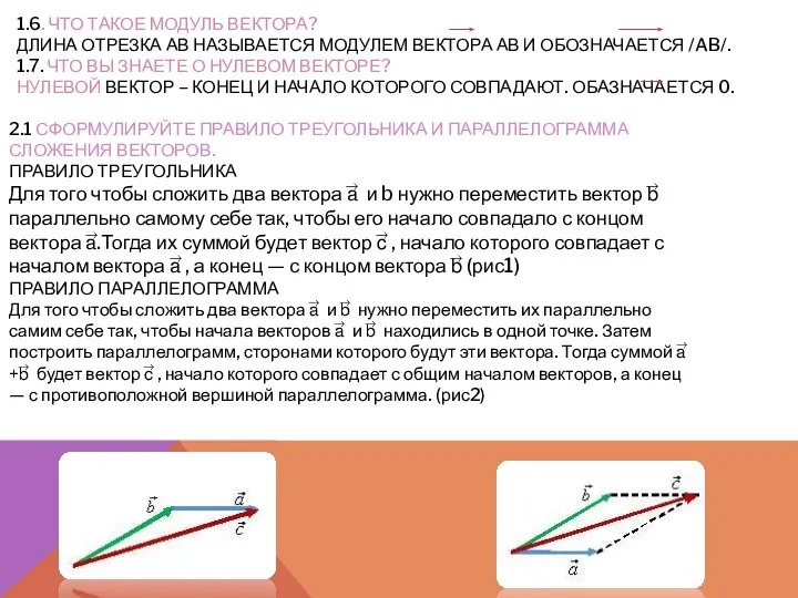 1.6. ЧТО ТАКОЕ МОДУЛЬ ВЕКТОРА? ДЛИНА ОТРЕЗКА АВ НАЗЫВАЕТСЯ МОДУЛЕМ ВЕКТОРА