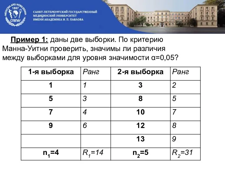 Пример 1: даны две выборки. По критерию Манна-Уитни проверить, значимы ли