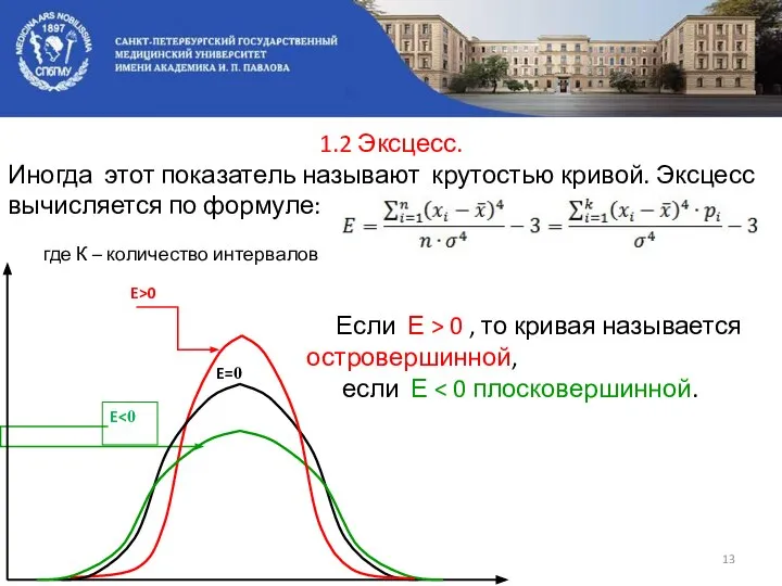 1.2 Эксцесс. Иногда этот показатель называют крутостью кривой. Эксцесс вычисляется по