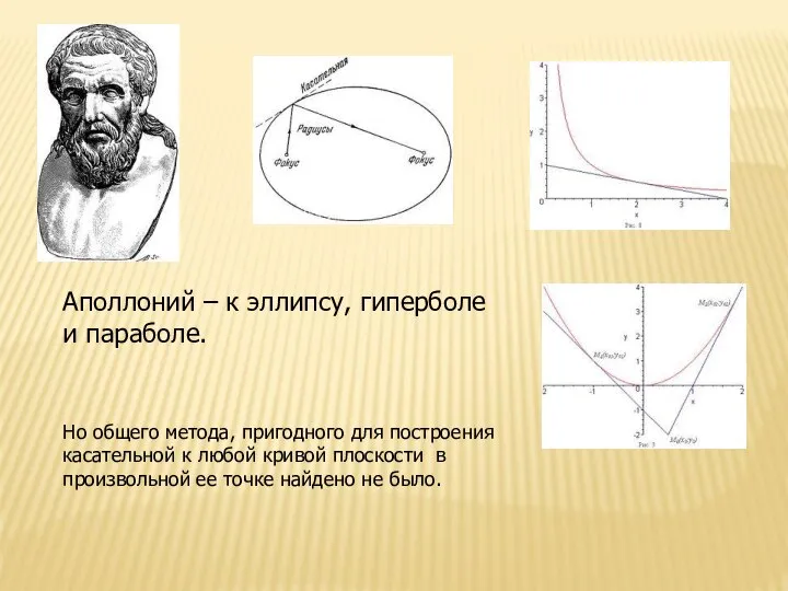Аполлоний – к эллипсу, гиперболе и параболе. Но общего метода, пригодного