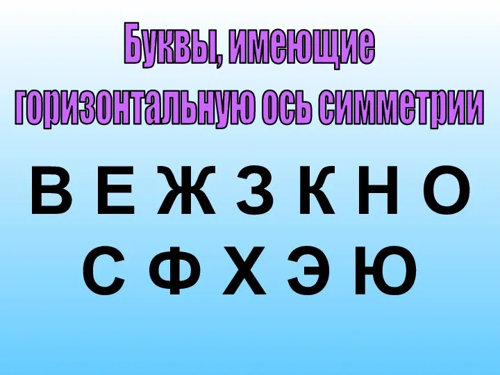 Буквы, имеющие горизонтальную ось симметрии В Е Ж З К Н