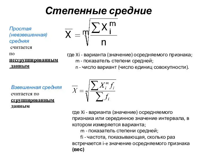 Степенные средние Простая (невзвешенная) средняя считается по несгруппированным данным где Xi