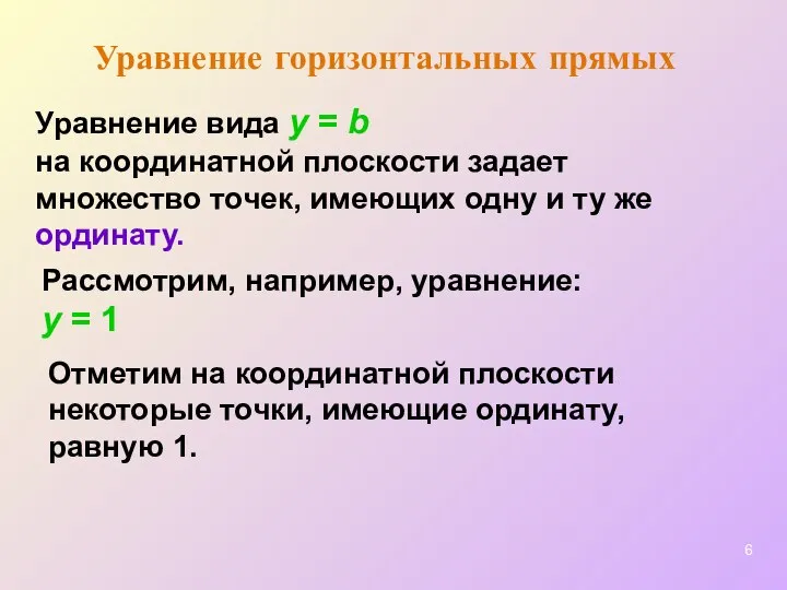 Уравнение горизонтальных прямых Уравнение вида y = b на координатной плоскости