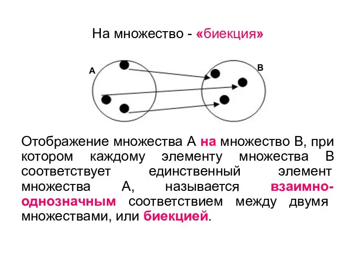 На множество - «биекция» Отображение множества А на множество В, при