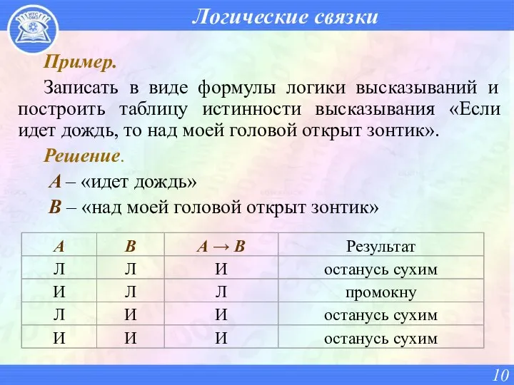 Логические связки Пример. Записать в виде формулы логики высказываний и построить