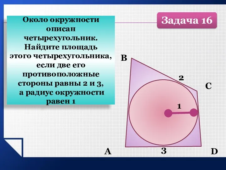 Около окружности описан четырехугольник. Найдите площадь этого четырехугольника, если две его