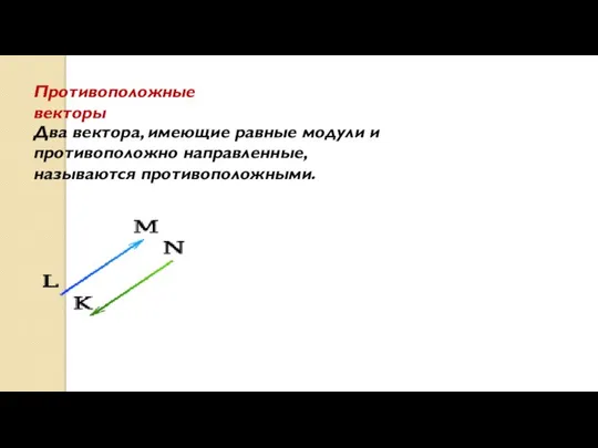 Два вектора, имеющие равные модули и противоположно направленные, называются противоположными. Противоположные векторы