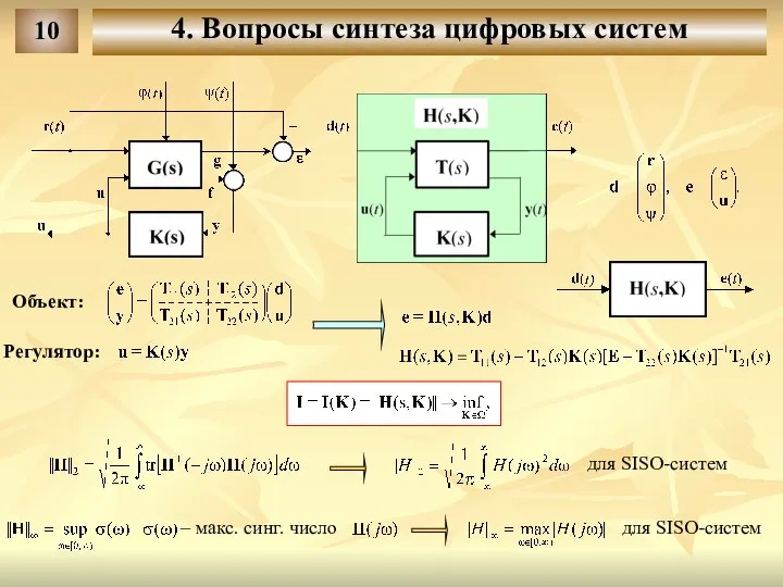 Объект: Регулятор: – макс. синг. число для SISO-систем для SISO-систем 10 4. Вопросы синтеза цифровых систем