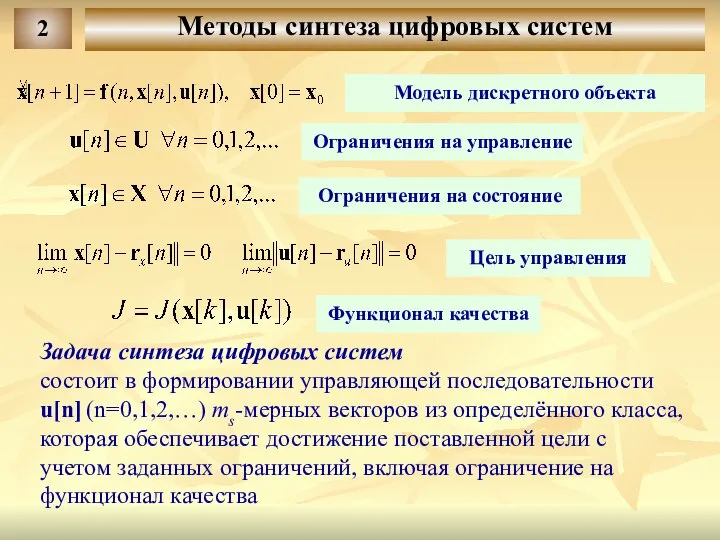 Модель дискретного объекта Функционал качества Ограничения на состояние Цель управления Задача