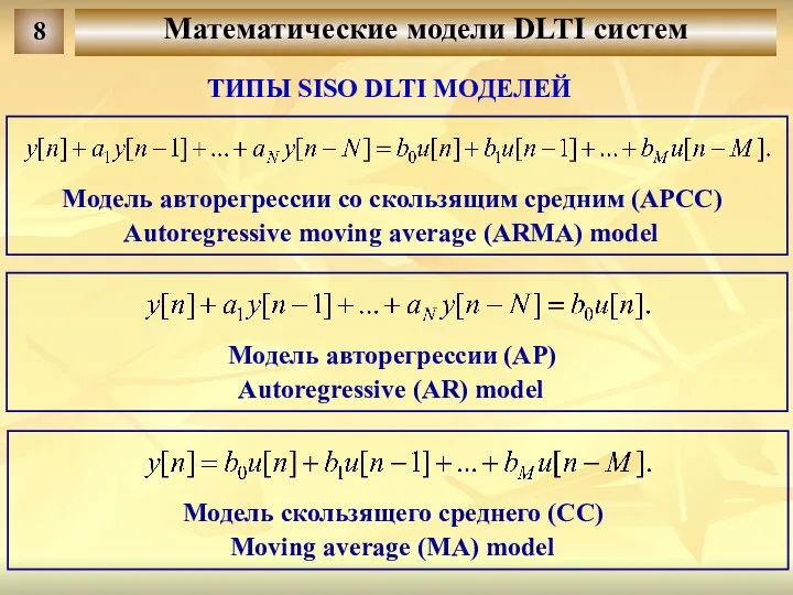 Математические модели DLTI систем 8 ТИПЫ SISO DLTI МОДЕЛЕЙ Модель авторегрессии