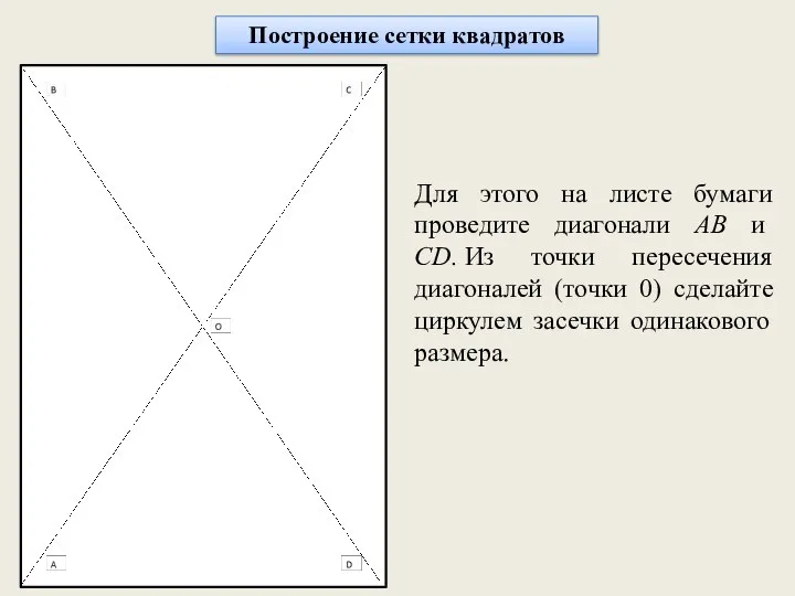 Построение сетки квадратов Для этого на листе бумаги проведите диагонали АВ