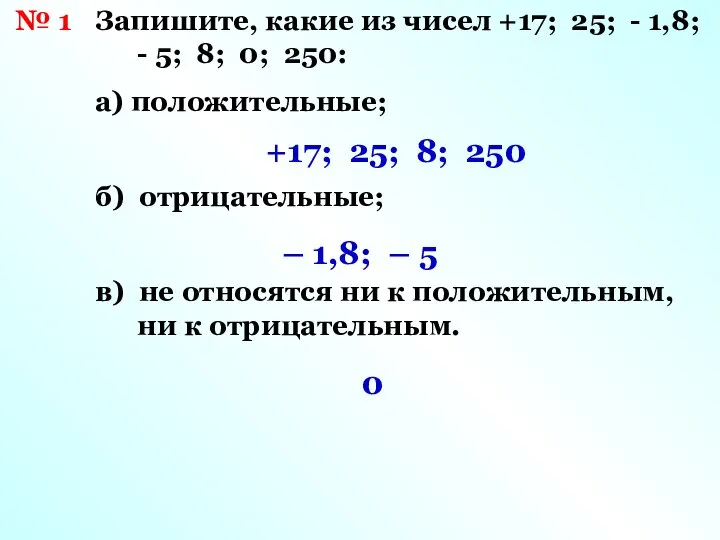 № 1 Запишите, какие из чисел +17; 25; - 1,8; -