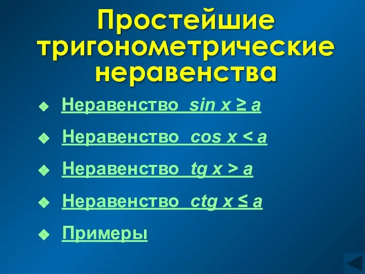 Простейшие тригонометрические неравенства Неравенство sin x ≥ a Неравенство cos x