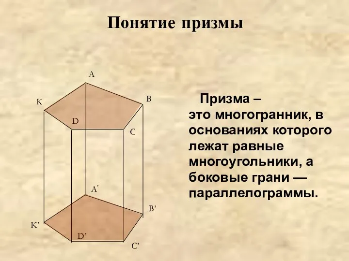 Понятие призмы Призма – это многогранник, в основаниях которого лежат равные