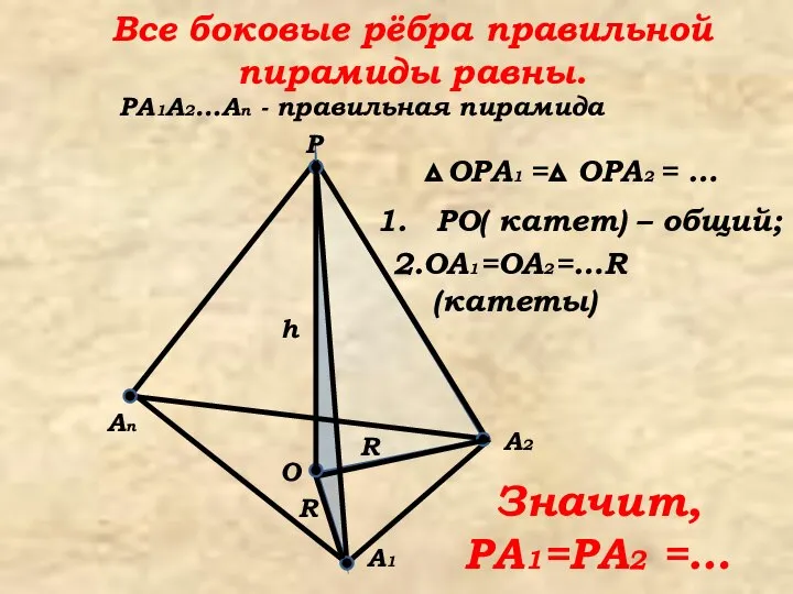 PO( катет) – общий; Все боковые рёбра правильной пирамиды равны. P