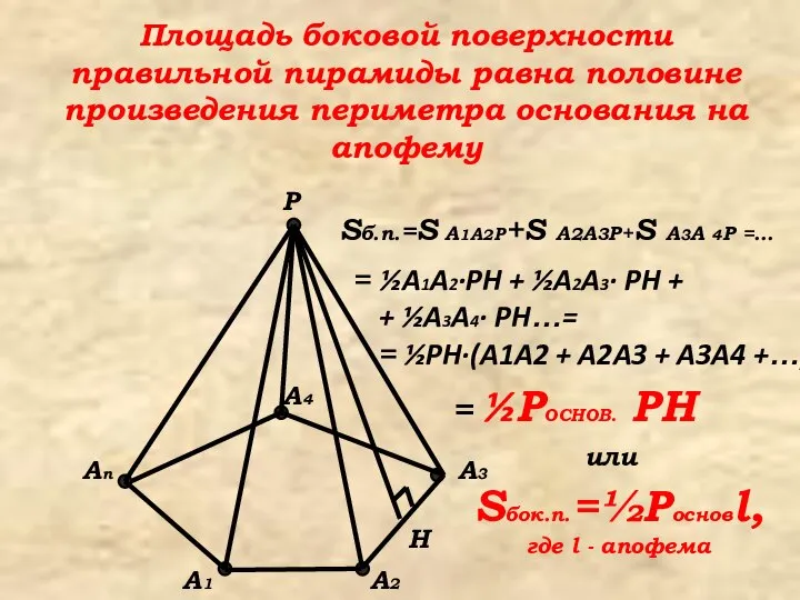 Площадь боковой поверхности правильной пирамиды равна половине произведения периметра основания на